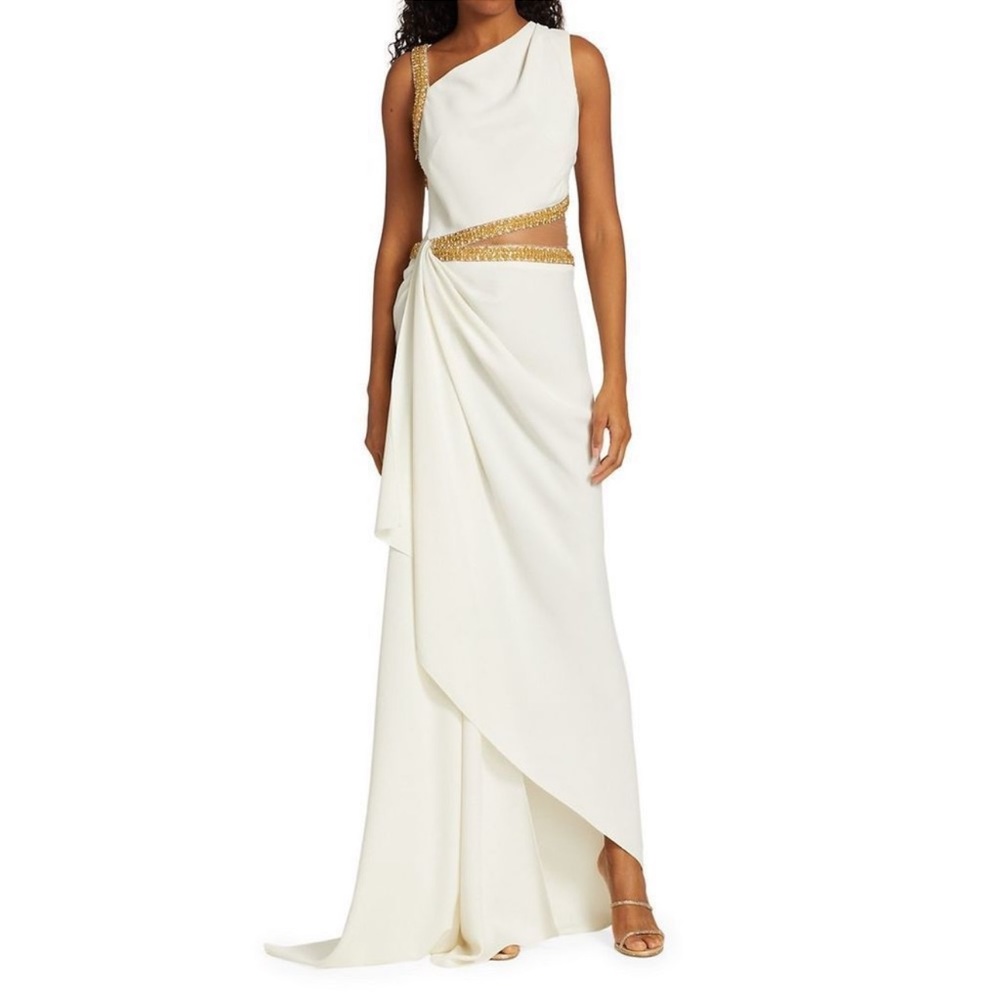 Reem Acra Beaded Draped Cutout Gown